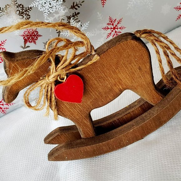 Vintage "Midwest" Taiwan Wooden Rocking Horse w/ Heart Christmas Ornament - Picture 3 of 8